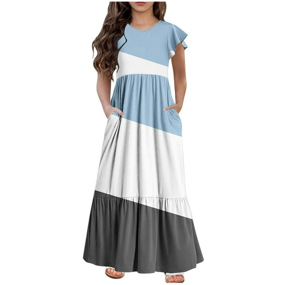 Mikilon 6-12 Years Girls Casual Maxi Wide Striped Dress Short Sleeve Vacation Dresses with Pockets