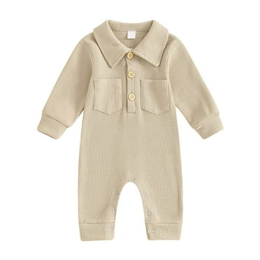 Mikilon Baby Boy Romper Comfortable Turndown Neck Long Sleeve Button-Up Rompers Casual Solid Color Rompers ,Size 0 Month-12 Months