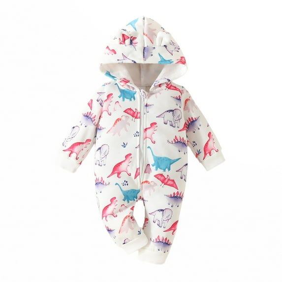 Mikilon Baby Boys Hooded Rompers Plus Velvet and Thicken Cute Graphic Print Zipper Rompers Comfortable Long Sleeve Thermal Rompers