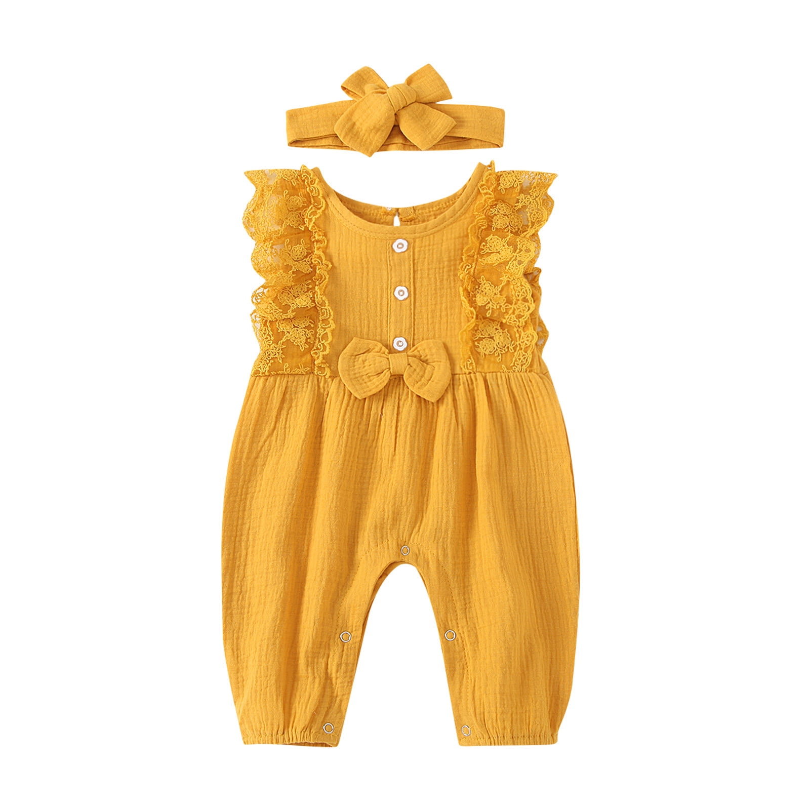Mikilon Newborn Infant Baby Girl Cotton Linen Romper Lace