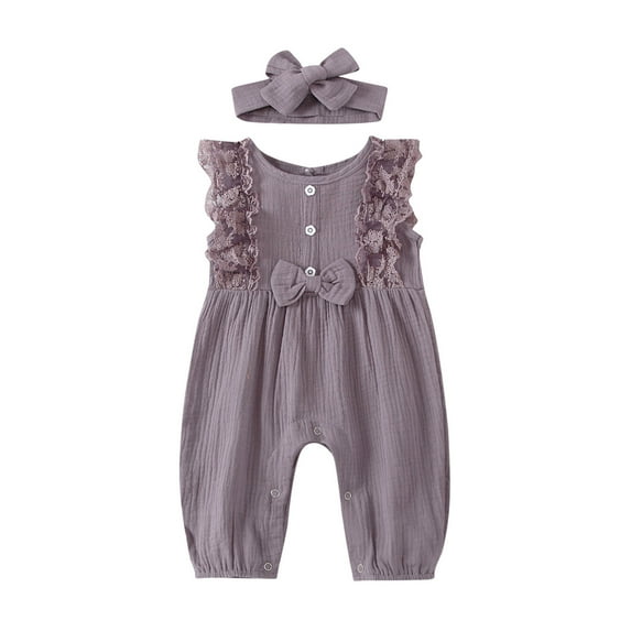 Mikilon Baby Girl Cotton Linen Romper Lace Bow One Piece Jumpsuit Clothes Jumpsuit for Baby Girls 18-24 Months Purple