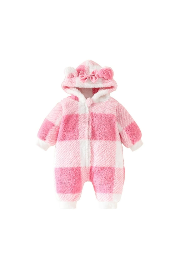 Baby Girl Outfits Fashion Plaid Flannel Rompers Plus Velvet and Thicken Rompers Thermal Zipper Bow Hooded Rompers