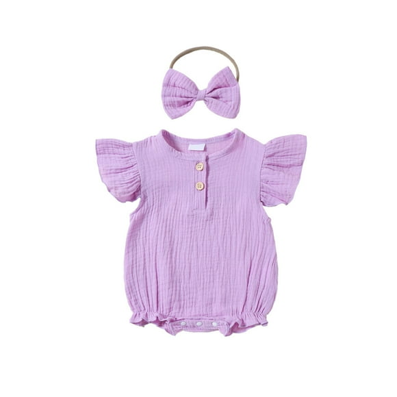 Mikilon Baby Girl Outfits Solid Color Small Flying Sleeve ‌Rompers Comfortable Button-Up Rompers with a Bow Headband ,Size 0 Month-12 Months