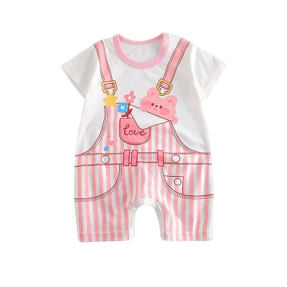 Mikilon Baby Girl Romper Round Neck Short Sleeve Playful ‌Cute Rompers Long Pants Button-Up Rompers ,Size 0 Months-15 Months