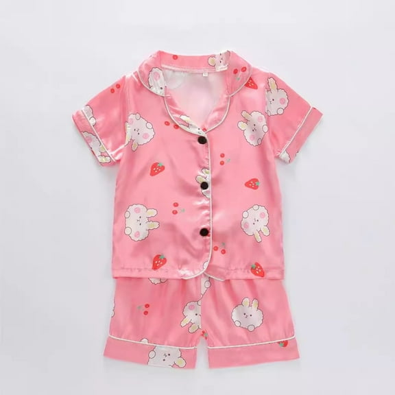 Fesfesfes Baby Girl Short Sleeve Button Down Tops and Shorts Snug Fit Pajamas Set 2 Piece Silk Satin Pjs Summer Sleepwear