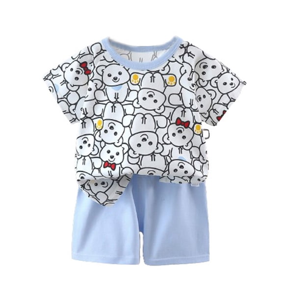 Mikilon Baby Summer Cute Printed Sets Size 3 Months-5 YearsRound Neck Short Sleeve Tops/Blouses Elastic Waist Pants Thin Breathable Sets
