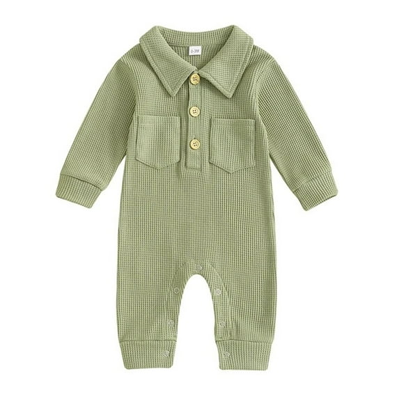 Mikilon Babys Knitted Rompers Solid Color Turndown Neck Long Sleeve Button-Up Rompers Fall and Winter Casual Thermal Rompers ,Size 0 Month-12 Months