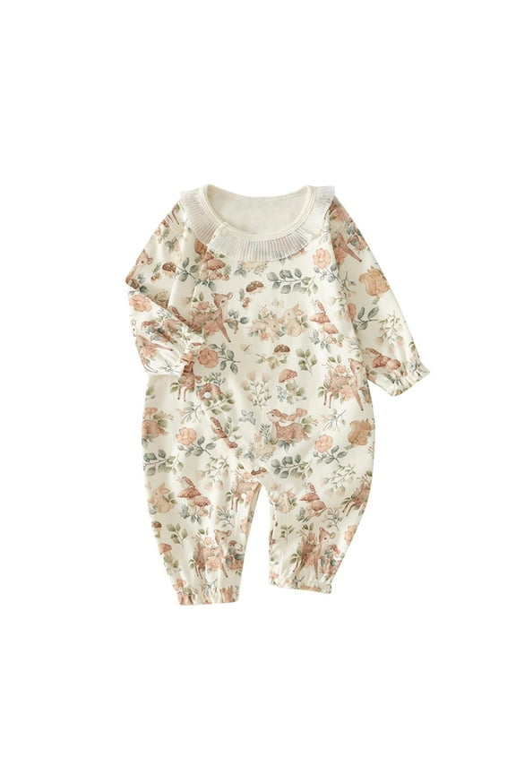 Babys Side Snap Rompers Round Neck Long Sleeve Ruffled ‌Rompers Cute Grdphic Print Rompers ,Size 0 Month-9 Months