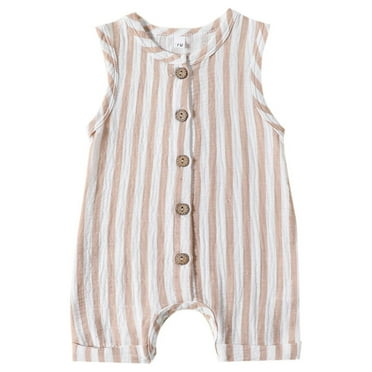 Mikilon Babys Striped Rompers Round Neck Sleeveless Button-Up Rompers Comfortable Long Pants Rompers ,Size 3 Months-12 Months