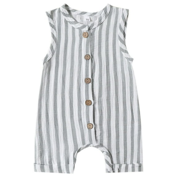 Fesfesfes Babys Striped Rompers Round Neck Sleeveless Button-Up Rompers Comfortable Long Pants Rompers ,Size 3 Months-12 Months