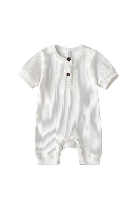 Babys Summer Knitted Rompers Solid Color Short Sleeve Button-Up ‌Rompers Comfortable Round Neck Rompers ,Size 0 Month-18 Months