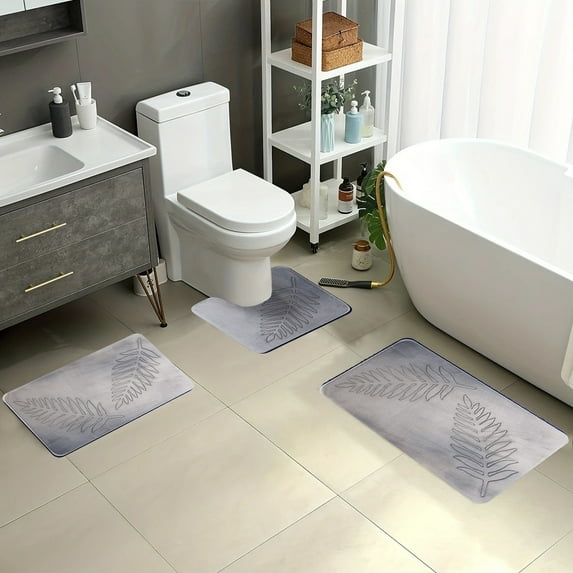 Mikilon Bathroom Rugs Sets 3 Pieces,Leaf Pattern Memory Foam Bath Mat Set,Toilet Mats,Non-Slip Absorbentb Rugs,Machine Washable,Dry Toilet Mat Sets for Bathroom Floor-Gray