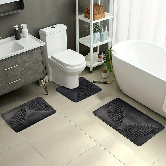 Mikilon Bathroom Rugs Sets 3 Pieces,Leaf Pattern Memory Foam Bath Mat Set,Toilet Mats,Non-Slip Absorbentb Rugs,Machine Washable,Dry Toilet Mat Sets for Bathroom Floor-Dark Grey