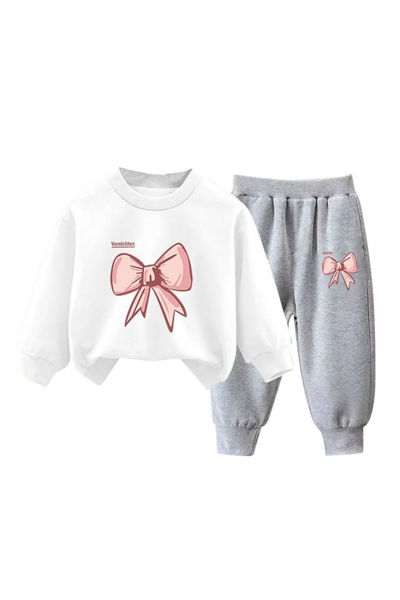 Bow Printed Sweat Sets for Girls Size 3-8 Years Round Neck Long Sleeve Sweatpants Elastic Waist Wide Leg Pants Fall and Winter Thermal Outfit Sets