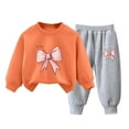 thumbnail image 1 of Mikilon Bow Printed Sweat Sets for Girls Size 3-8 Years Round Neck Long Sleeve Sweatpants Elastic Waist Wide Leg Pants Fall and Winter Thermal Outfit Sets, 1 of 3