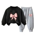 thumbnail image 1 of Mikilon Bow Printed Sweat Sets for Girls Size 3-8 Years Round Neck Long Sleeve Sweatpants Elastic Waist Wide Leg Pants Fall and Winter Thermal Outfit Sets, 1 of 3
