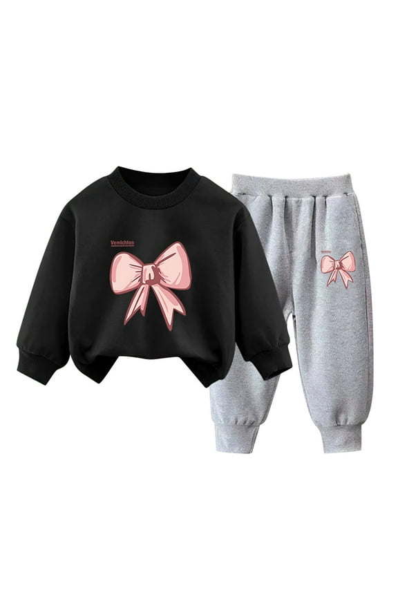 Bow Printed Sweat Sets for Girls Size 3-8 Years Round Neck Long Sleeve Sweatpants Elastic Waist Wide Leg Pants Fall and Winter Thermal Outfit Sets