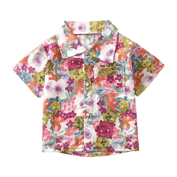 Mikilon Boys Button Down Shirts Hawaiian Cute Print Slim-Fit Short Sleeve Cool Dress Shirt Cute Top for Kids(3-11T)