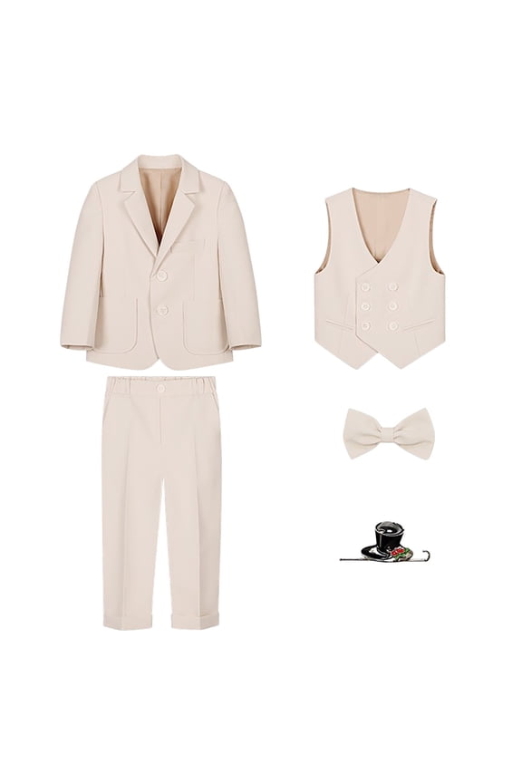 Boys Fashion Suit Sets Size 2-10 Years with Long Sleeve Jackets,Long Pants,Bow Neckband,Brooch,Sleeveless Suit Vest