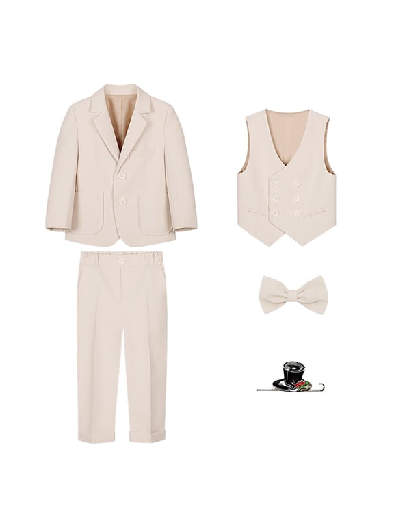 Boys Fashion Suit Sets Size 2-10 Years with Long Sleeve Jackets,Long Pants,Bow Neckband,Brooch,Sleeveless Suit Vest