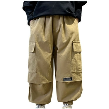 Mikilon Boys Fashionable Cargo Pants Size 8-14 Years Solid Color Baggy Pants Elastic Waist Drawstring Pants with Pockets