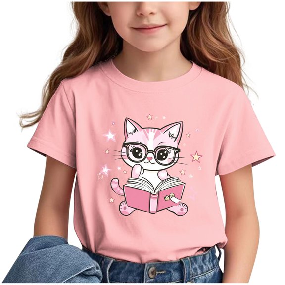 Fesfesfes Boys and Girls Cute Print Classroom Top Breathable T Shirt Half Sleeve Shirt for Schooland Playground Unisex Children's Basic Tee(Pink,12 Years)