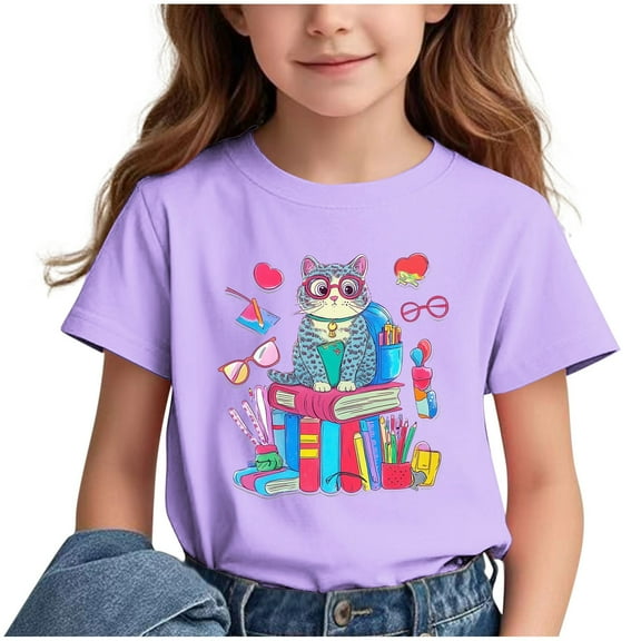Fesfesfes Boys Girls School Season Round Neck Short Sleeve Casual Versatile Top for Outdoor Children Breathable T-shirt with Short Sleeve(Purple#03,11 Years)