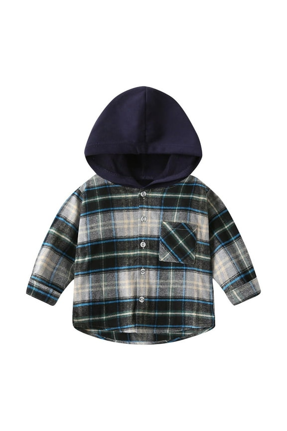 Boys Hooded Jackets Patchwork Color Plaid Button Shirts Spring and Fall Versatile Long Sleeve Blouses ,Size 3-8 Years