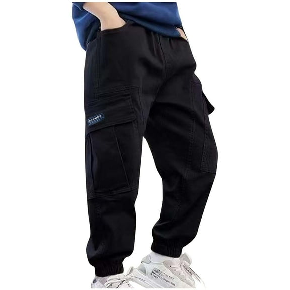 Mikilon Boys Jogger Pants Size 3-15 Years Solid Color Elastic Waist Cargo Pants Comfortable Casual Pants