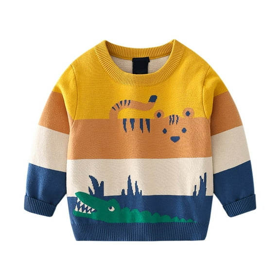 Mikilon Boys Patchwork Color Pullover Sweaters Round Neck Long Sleeve Tops Versatile Knitted Blouses ,Size 3-8 Years