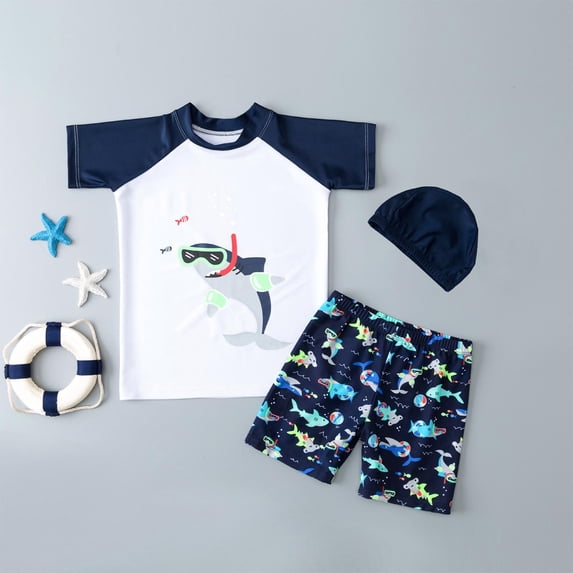 Mikilon Boys Swimsuits UPF50+UV Swimwear Set Two Piece Rash Guard with Hat for Kids 1-10 Years