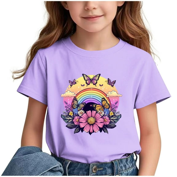 Fesfesfes Children Casual Versatile Tops for Outdoor Breathable T-shirt with Short Sleeve for Boys Girls School Season Round Neck Short Sleeve Tees(Purple#03A,4 Years)