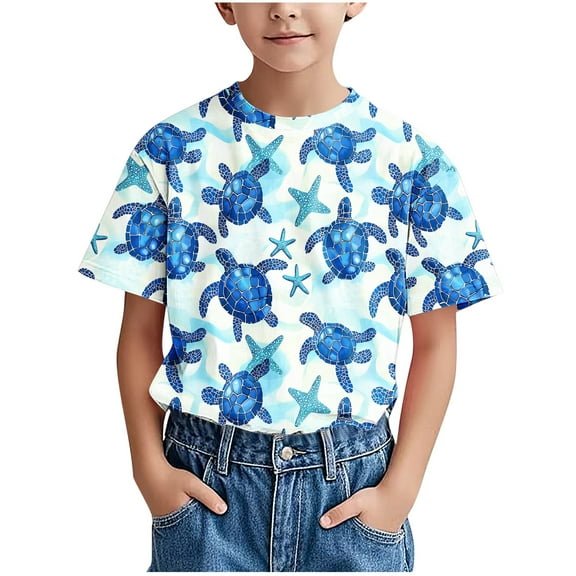 Fesfesfes Children's Summer Fashion Short Sleeved Printed Pattern T-shirt Round Neck Half Sleeved Casual Versatile Top for Boys and Girls(Blue,4 Years)