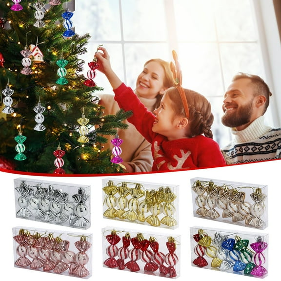 Mikilon Christmas Decorations 6 PCS Christmas Candy Ornaments, Candy Jars Christmas Tree Glitter Hanging Decorations Plastic Peppermints, Decorative Christmas Tree Red