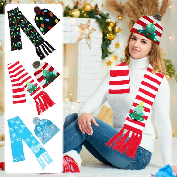 Mikilon Christmas Decorations Christmas Hat LED Light Knitted Cap Scarf Set Winter Warm Xmas Headdress Neckerchief Kits for Kids & Adults A
