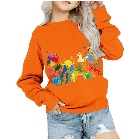 Mikilon Clothes for Girls 10-12 Round Neck Fashion Long Sleeve Shirts Solid Color Graphic Tops Fall and Winter Comfortable Cute Printed Clothes