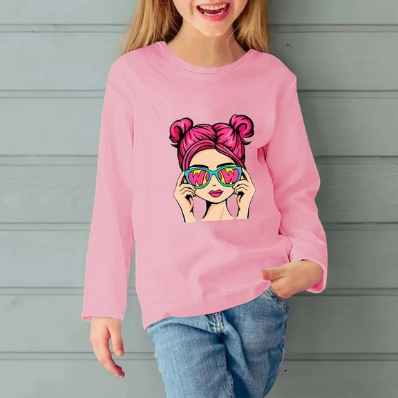 Fesfesfes Clothes for Girls 3-11 Comfortable Solid Color Graphic Pullover Tops Long Sleeve Round Neck Shirts Fall and Winter Casual Comfy Undershirts