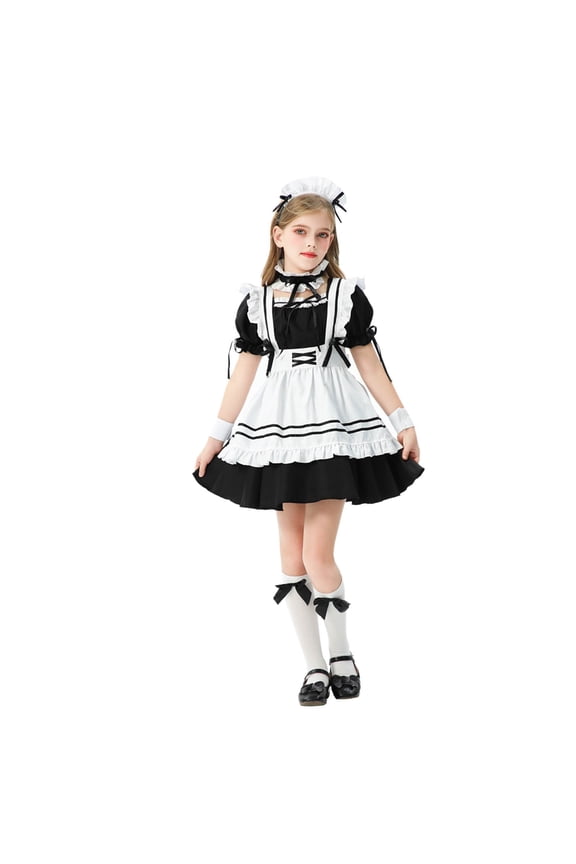 Mikilon Colorful House Girls Maid Fancy Dress Size 2-9 Years Patchwork Color Short Sleeve Double Layer Dress