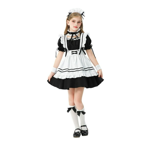 Mikilon Colorful House Girls Maid Fancy Dress Size 2-9 Years Patchwork Color Short Sleeve Double Layer Dress