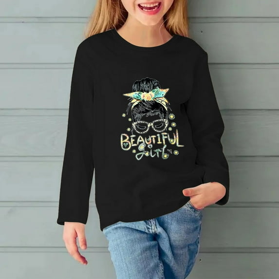 Fesfesfes Cute Clothes for Girls 3-11 Comfortable Solid Color Graphic Tops Long Sleeve Round Neck Shirts Fall and Winter Casual Comfy Undershirts