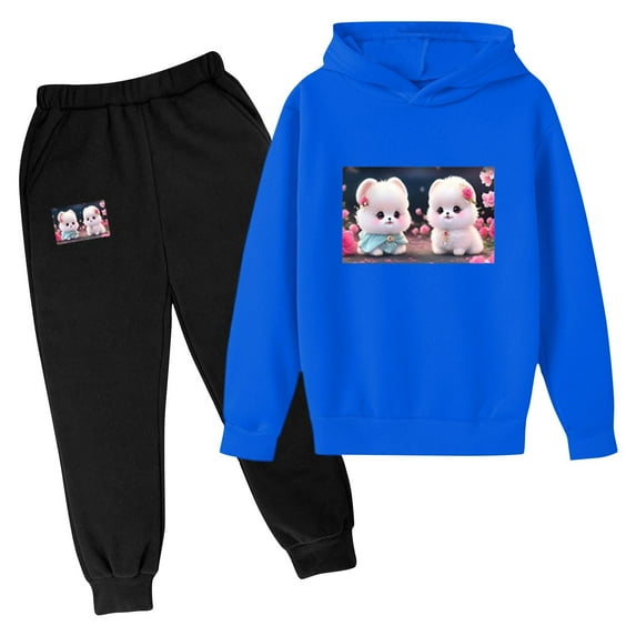 Mikilon Cute Graphic Printed Sweat Sets for Kids Size 3-9 Years Elastic Waist Baggy Sweatpants Long Sleeve Hooded Sweatshirts Fall and Winter Thermal Outfit Sets