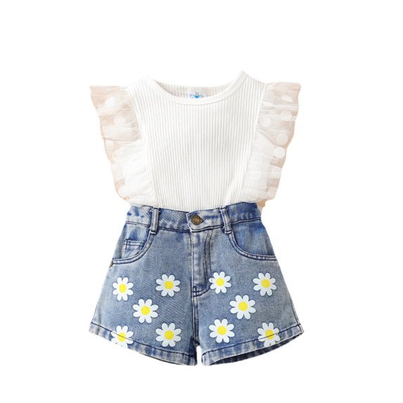 Mikilon Cute Outfit Sets for Girls Size 1-6 Years Solid Color Flying Sleeve Round Neck Tops Comfortable Elastic Waist Ploka Dot Button-Up Baggy Pants