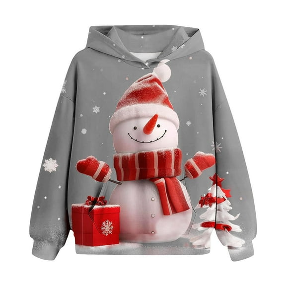 Mikilon Cute Sweaters for Girls 10-12 Fashion Round Neck Printed Pullover Sweatshirts Solid Color Graphic Long Sleeve Chirstmas Day Clothes Fall and Winter Outfits for Kids