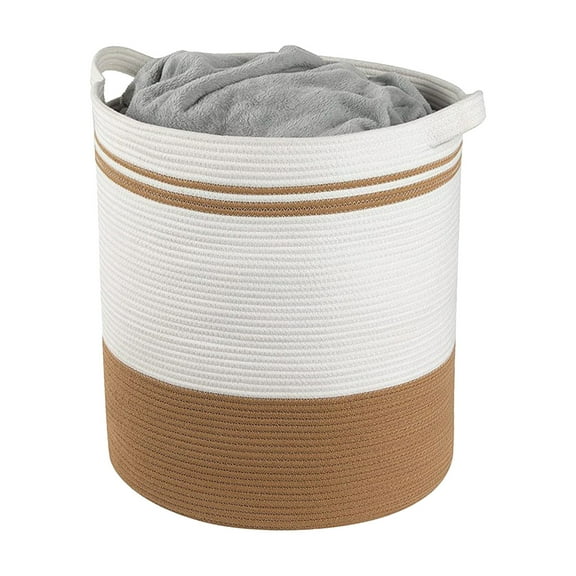 Blanket Basket Cotton Rope Laundry Basket with Soft Handel 14.5x17.10 Inch Large Round Storage Basket for Living Room Toy, Pillow & Clothes, Coffee