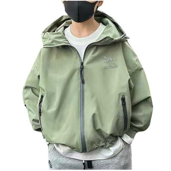 Mikilon Dinosaur Printed Long Sleeve Jackets for Boys Solid Color Wear Hooded Zipper Tops with Multi-pockets ,Size 6-13 Years