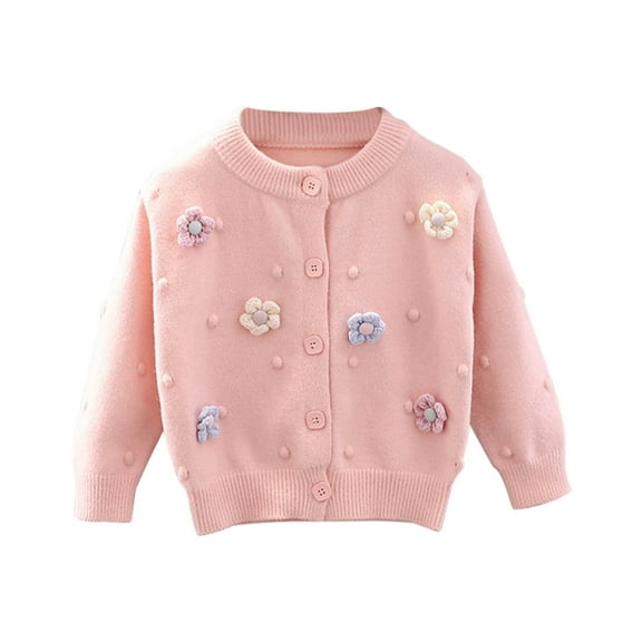 Mikilon Embroidered Flower Sweaters for Girls 1-6 Years Solid Color Round Neck Long Sleeve Cardigan Sweaters Fashion Versatile Printed Button-Up Knitted Clothes