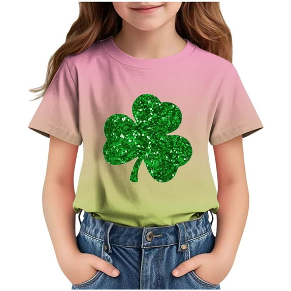 Mikilon Fashion Celebration Top Children's Short Sleeved St. Patrick's Day‘s Printed Pattern T-shirt Round Neck Half Sleeved Tees for Boys and Girls Active(Pink,13 Years)