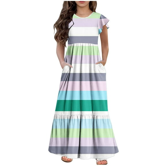 Fesfesfes Fashion Girls Color Striped Dress Size 6-12 Years Short Sleeves Round Neck Casual Dress