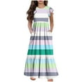 thumbnail image 1 of Mikilon Fashion Girls Color Striped Dress Size 6-12 Years Short Sleeves Round Neck Casual Dress, 1 of 5