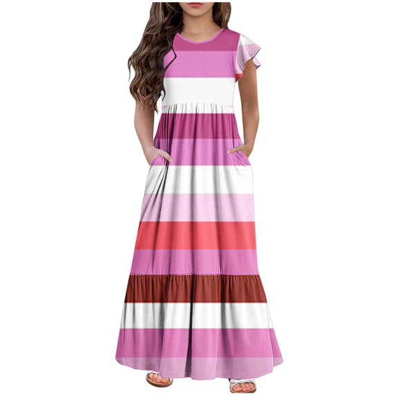Mikilon Fashion Girls Color Striped Dress Size 6-12 Years Short Sleeves Round Neck Casual Dress